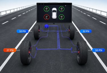 Ilustração do sistema TPMS monitorando a pressão dos pneus em tempo real