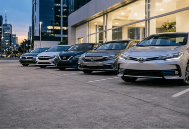 Comparativo entre Corolla, Civic, Cruze, Jetta e Sentra em cenário urbano.