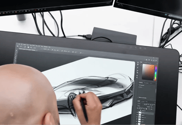 Designer da GM criando conceito do Corvette C9 em mesa digital durante desenvolvimento