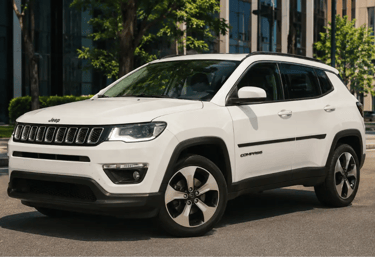Jeep Compass Sport branco em avenida urbana, vista frontal 3/4, sem placa dianteira.