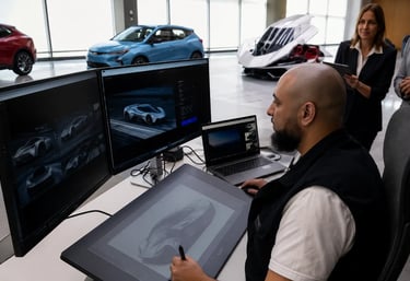Equipe da GM analisando renderizações digitais do Corvette C9 em estúdio de design avançado