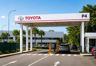 Entrada da fábrica da Toyota em Indaiatuba com portaria e acesso de veículos.