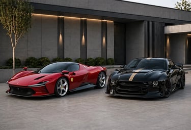 ferrari vermelha moderna ao lado de muscle car preto em showroom externo