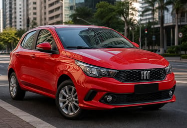 Fiat Argo vermelho estacionado em ambiente urbano moderno com prédios ao fundo