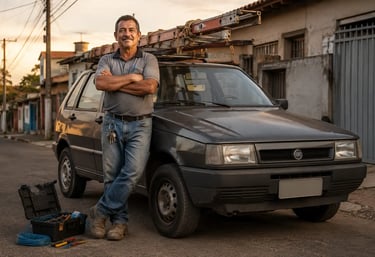 Eletricista autônomo ao lado de um Fiat Uno com escada no teto e ferramentas de trabalho.