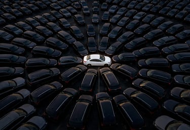 Sedã branco cercado por SUVs mostrando a queda dos sedãs no Brasil