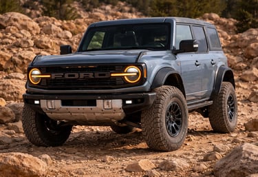 Ford Bronco 2027 off-road em terreno pedregoso com tração 4x4 e alto desempenho