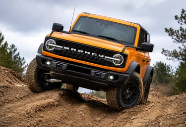 Ford Bronco laranja encarando trilha off-road em terreno irregular