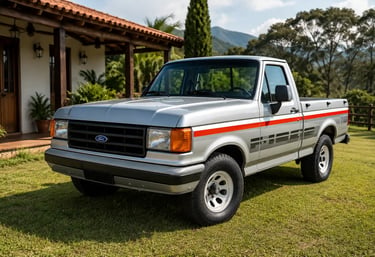Ford F-1000 Lightning restaurada em cenário de casa de campo com visual de revista automotiva