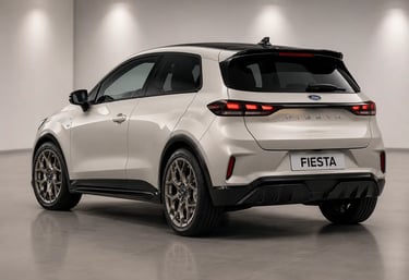 Novo Ford Fiesta visto de traseira em showroom neutro com acabamento premium