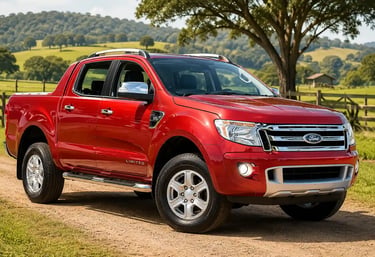 Ford Ranger Limited diesel 4x4 vermelha em estrada de terra no campo