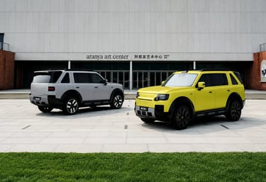 Dois SUVs Freelander 8 estacionados em praça moderna diante de centro cultural