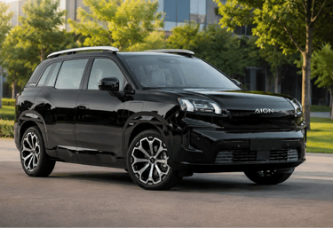 GAC Aion V Elite preto em destaque com fundo moderno e sem placa dianteira