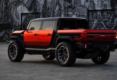 GMC Hummer X conceito exibe traseira robusta e design futurista em ambiente urbano