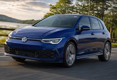 Volkswagen Golf GTE 2020 azul em estrada com foco no design esportivo e tecnologia híbrida plug-in