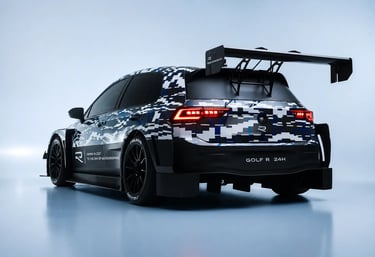 Traseira do Golf R 24H com enorme aerofólio e visual de carro de corrida.