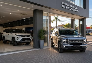 GWM Haval H9 novo saindo de concessionária com SUV Toyota SW4 usado parado ao fundo na loja.