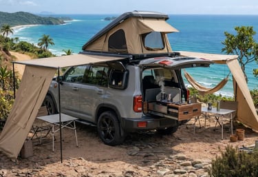 Haval H9 Nomad Concept montado para camping na praia com barraca de teto