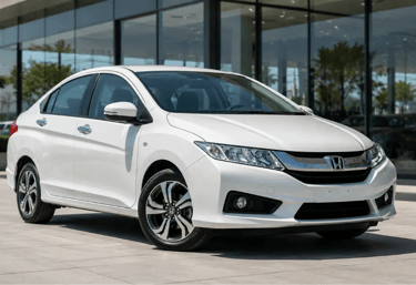 Honda City 2015 branco em showroom externo moderno com vista frontal 3/4 sem placa dianteira