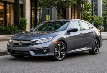 Honda Civic cinza estacionado em cenário urbano moderno.