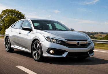 Honda Civic prata em movimento na rodovia com visual hiper-realista e iluminação natural