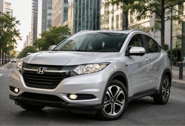 Honda HR-V 2016 prata em rua urbana com faróis acesos e vista frontal em três quartos.