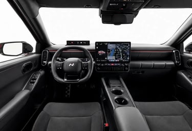 Interior do Hyundai Elantra 2026 com painel digital, central multimídia e acabamento esportivo.
