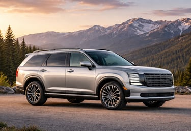 Hyundai Palisade 2027 prata em cenário de montanhas ao pôr do sol com design moderno