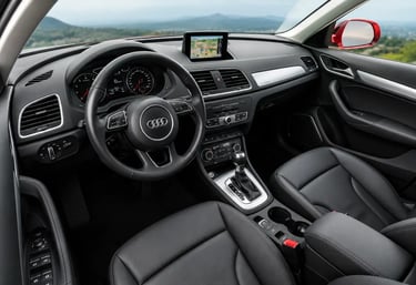 Interior do Audi Q3 com painel digital, acabamento premium e bancos em couro