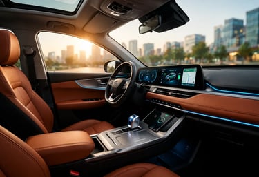 interior de carro de 7 lugares no Brasil em 2026 com acabamento de luxo e tecnologia avançada