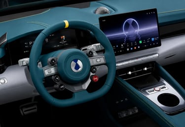 Interior do Denza Z com volante esportivo e central multimídia de grande formato