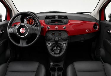Interior do Fiat 500 com painel vermelho, câmbio automático e acabamento premium.
