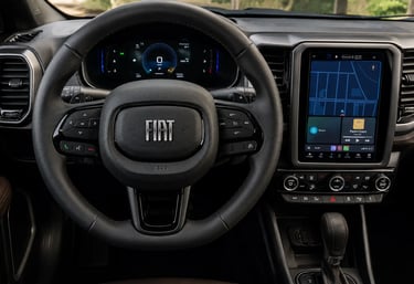 Interior da Fiat Toro MHEV 2027 com painel digital e central multimídia vertical moderna