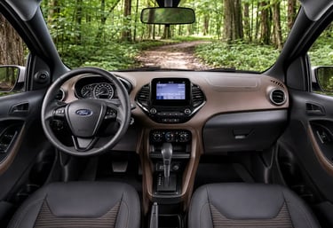Interior do Ford Ka FreeStyle com painel marrom, câmbio automático e central multimídia