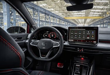 interior do Golf GTI 2026 com painel digital e multimídia destacando tecnologia e esportividade
