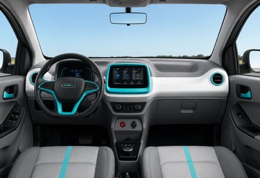 Interior do JMEV Emova Easy com painel digital e central multimídia em visão ampla