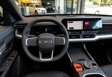 Interior do Novo Jeep Compass 2026 com painel digital e central multimídia panorâmica.