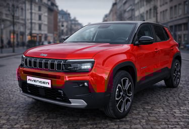 Jeep Avenger 2026 vermelho em rua urbana com foco em design, preço e nova fase no Brasil