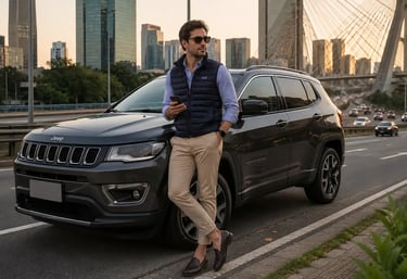 Executivo ao lado de um Jeep Compass em avenida cercada por prédios modernos.