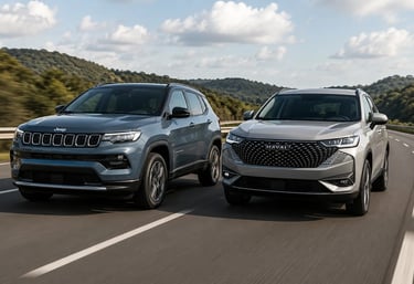 Jeep Compass e Haval H6 em movimento lado a lado em uma rodovia