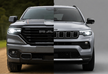Comparativo frontal entre Jeep Compass e Ram Rampage destacando a semelhança mecânica.