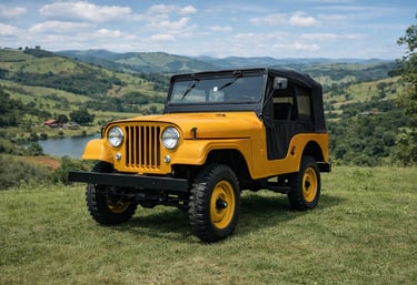 Jeep Willys antigo amarelo em estrada rural no Brasil valorizado como carro clássico