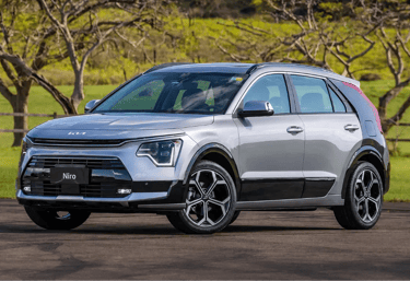 Kia Niro híbrido prata estacionado em área verde com visual moderno e eficiente.