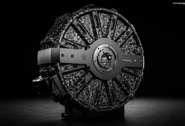 Motor elétrico Dark Matter da Koenigsegg com design futurista e estrutura compacta em estúdio escuro