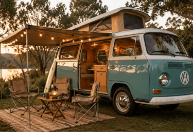 Kombi Home em camping com toldo aberto, cadeiras e área externa pronta para viagem