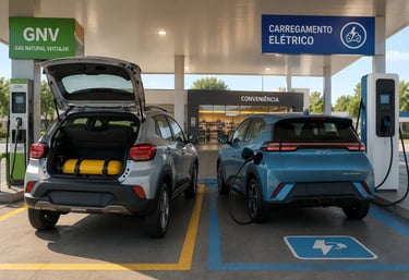 Renault Kwid com kit GNV e BYD Dolphin Mini em área de abastecimento e recarga elétrica