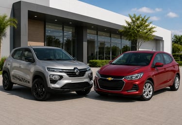 Renault Kwid e Chevrolet Onix lado a lado em showroom externo moderno