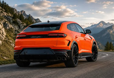 Traseira do novo Lamborghini Urus laranja em estrada de montanha