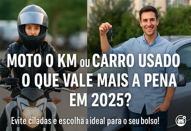 Imagem comparativa com o tema “Moto 0 km ou Carro Usado? O Que Vale Mais a Pena em 2025?”. À esquerd