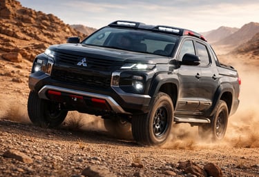 Mitsubishi Triton Raider 2026 em deserto, picape off-road com motor diesel biturbo e tração 4x4